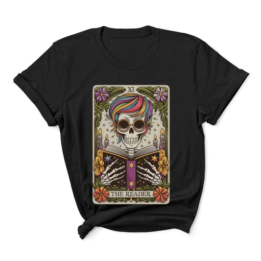 Black t-shirt with a colorful skull and book design on a white background: The Reader Skeleton Shirt, Tarot Card Bookish Halloween Tee, Subtle Pride Rainbow Seasonal T-Shirt, Mystical Gay Queer Spooky Reading Gift