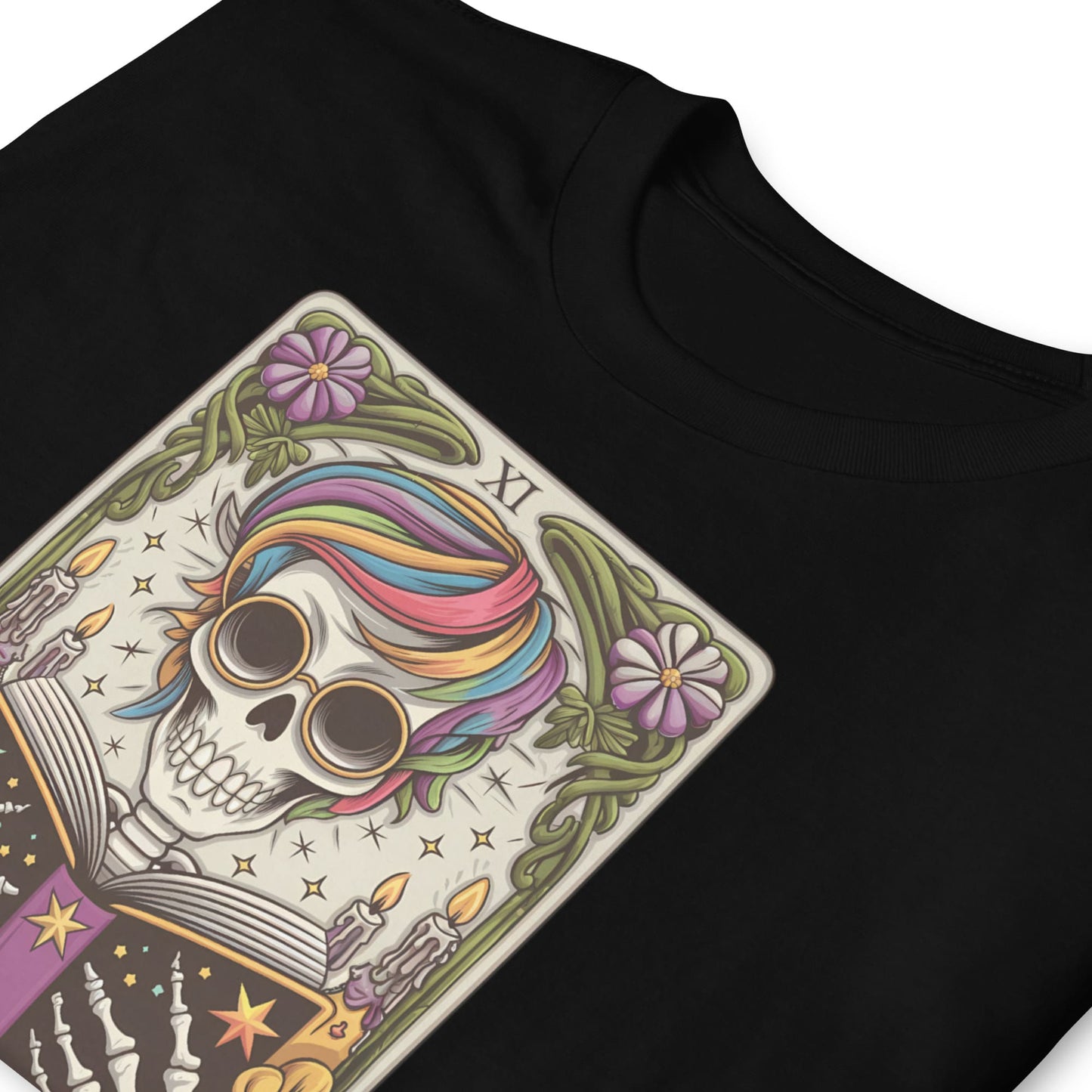 Black t-shirt with a colorful skull design on a white background: The Reader Skeleton Shirt, Tarot Card Bookish Halloween Tee, Subtle Pride Rainbow Seasonal T-Shirt, Mystical Gay Queer Spooky Reading Gift