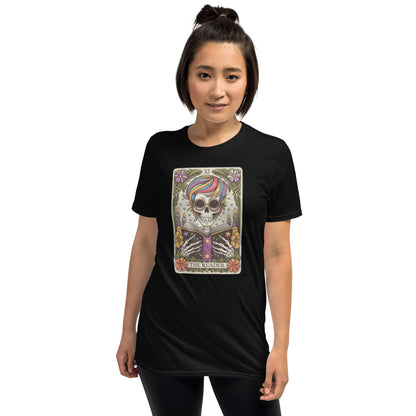 Person wearing a black t-shirt with a colorful graphic design on a white background: The Reader Skeleton Shirt, Tarot Card Bookish Halloween Tee, Subtle Pride Rainbow Seasonal T-Shirt, Mystical Gay Queer Spooky Reading Gift