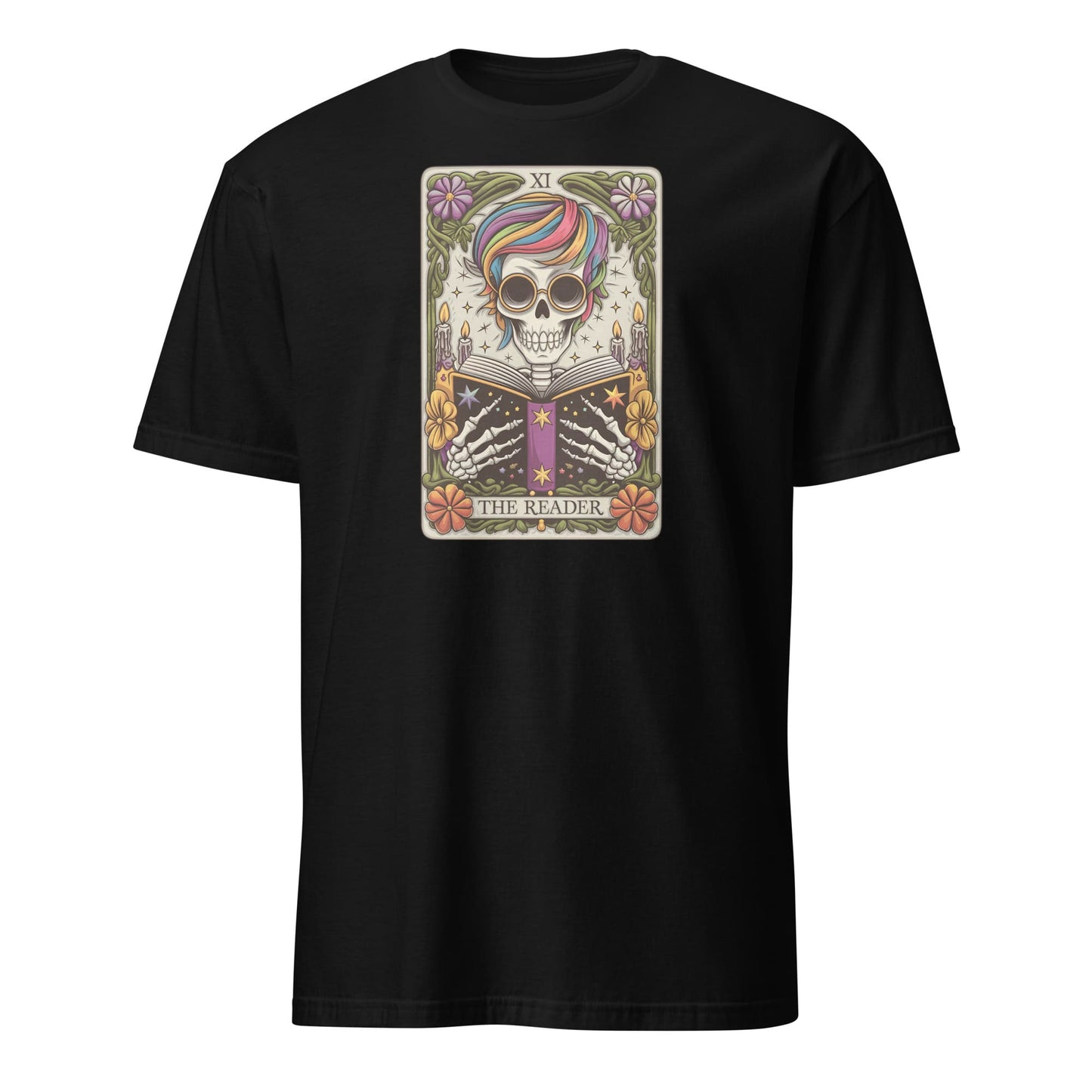 Black t-shirt with a colorful graphic design on a white background: The Reader Skeleton Shirt, Tarot Card Bookish Halloween Tee, Subtle Pride Rainbow Seasonal T-Shirt, Mystical Gay Queer Spooky Reading Gift