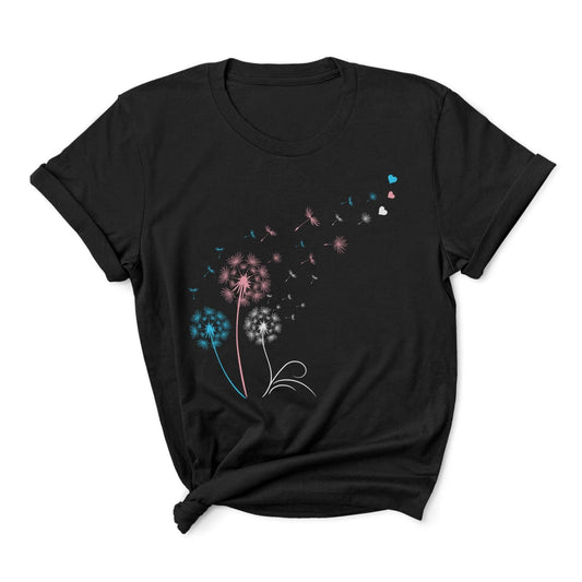 Black t-shirt with trans pride dandelion graphic on a white background