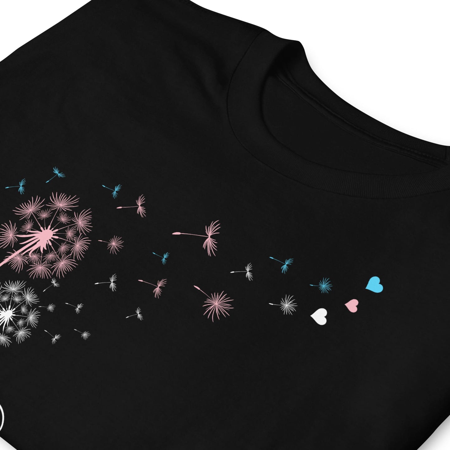 Black t-shirt with colorful dandelion seed designs on a white background
