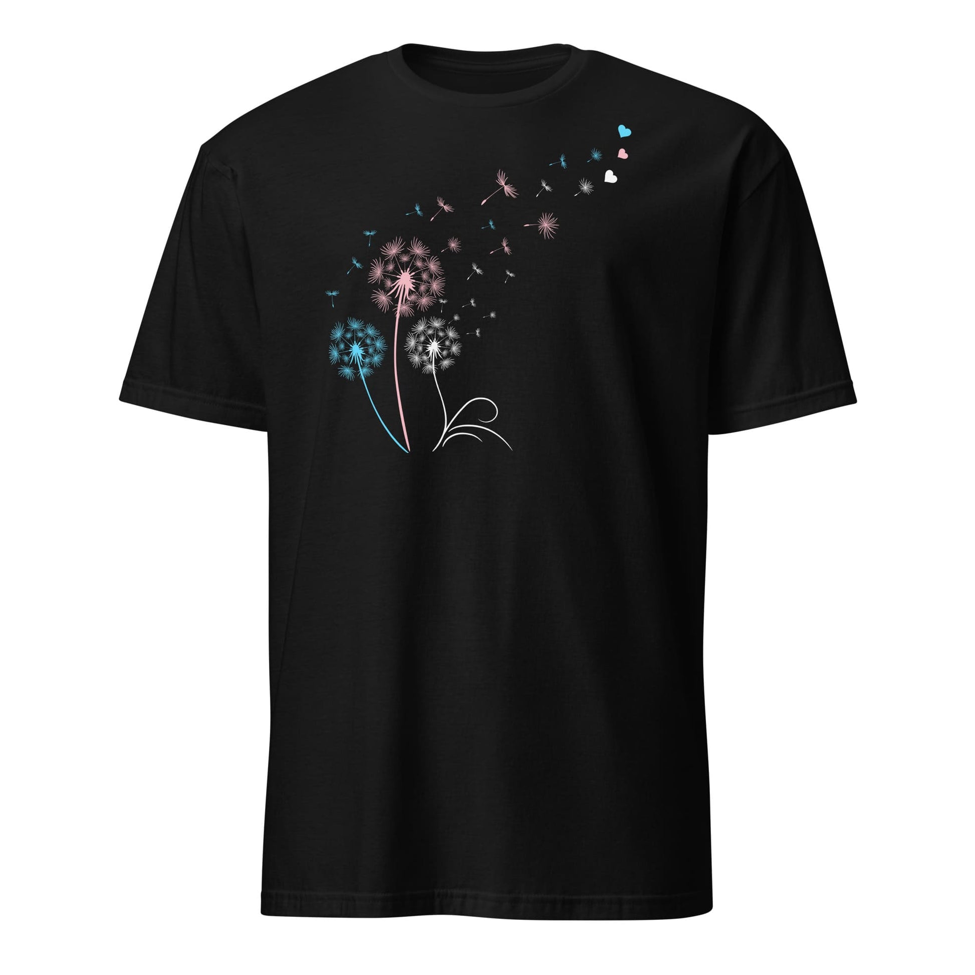 Black t-shirt with a colorful transgender dandelion graphic on a white background