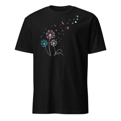 Black t-shirt with a colorful transgender dandelion graphic on a white background