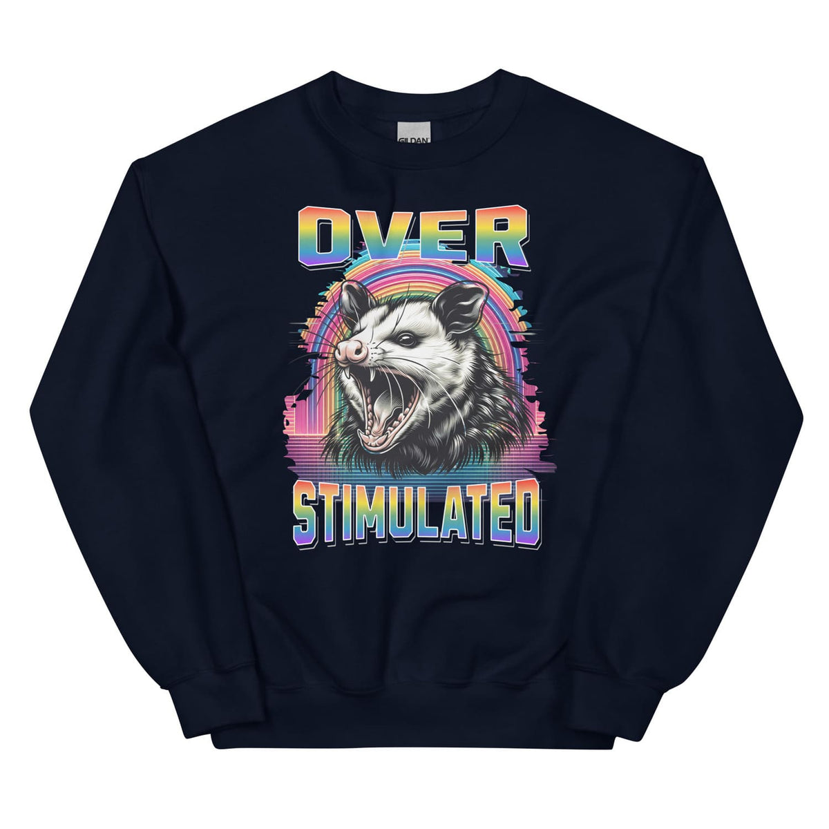 Black queer neurodivergent sweatshirt with an opossum graphic and 'OverStimulated' text on a white background