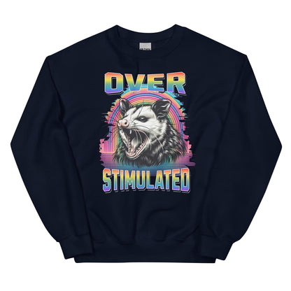 Black queer neurodivergent sweatshirt with an opossum graphic and 'OverStimulated' text on a white background