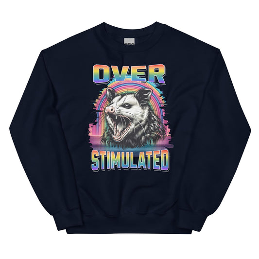 Black queer neurodivergent sweatshirt with an opossum graphic and 'OverStimulated' text on a white background