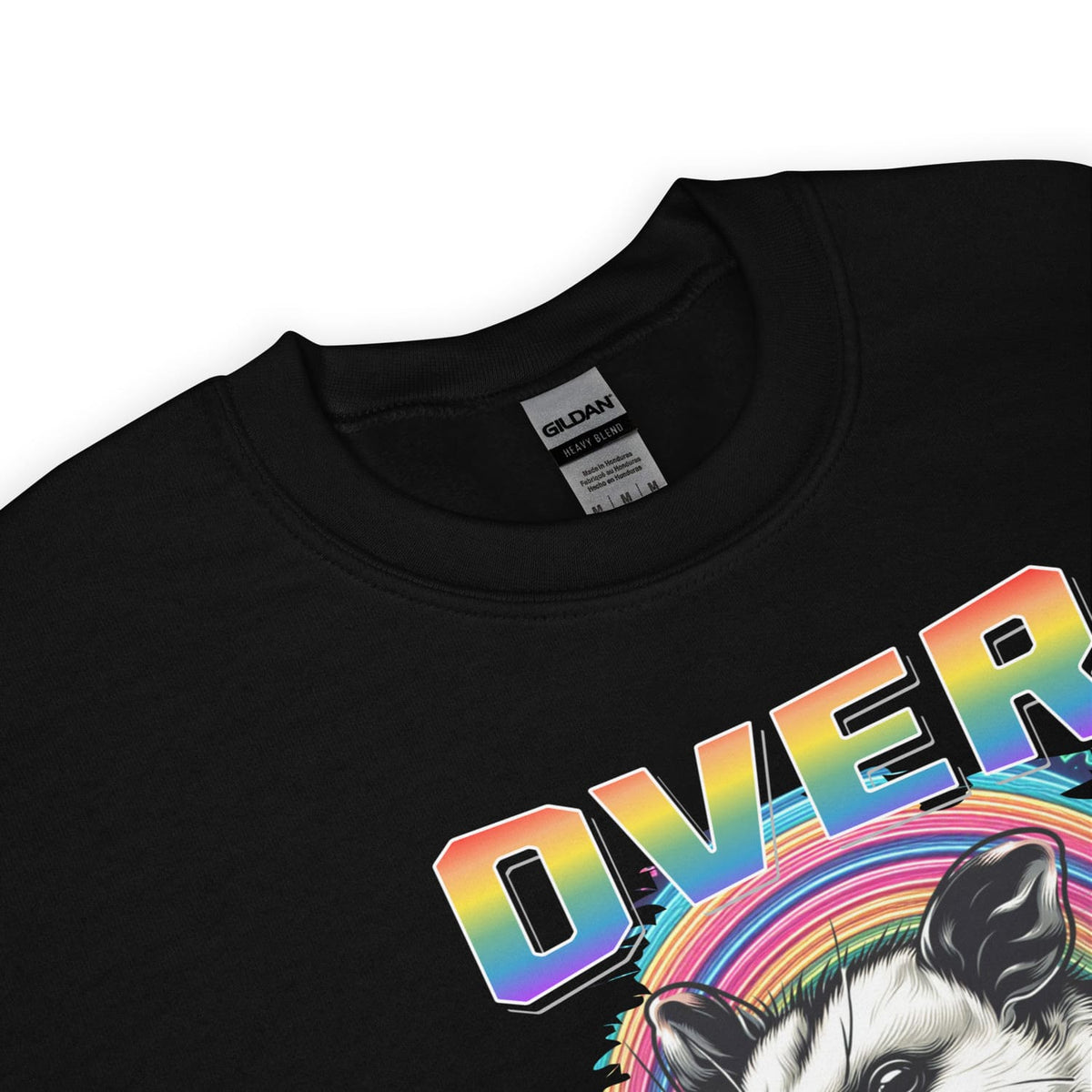 Black lgbtq sweatshirt with a colorful graphic design featuring an opossum and the word 'OVERstimulated' on a white background.