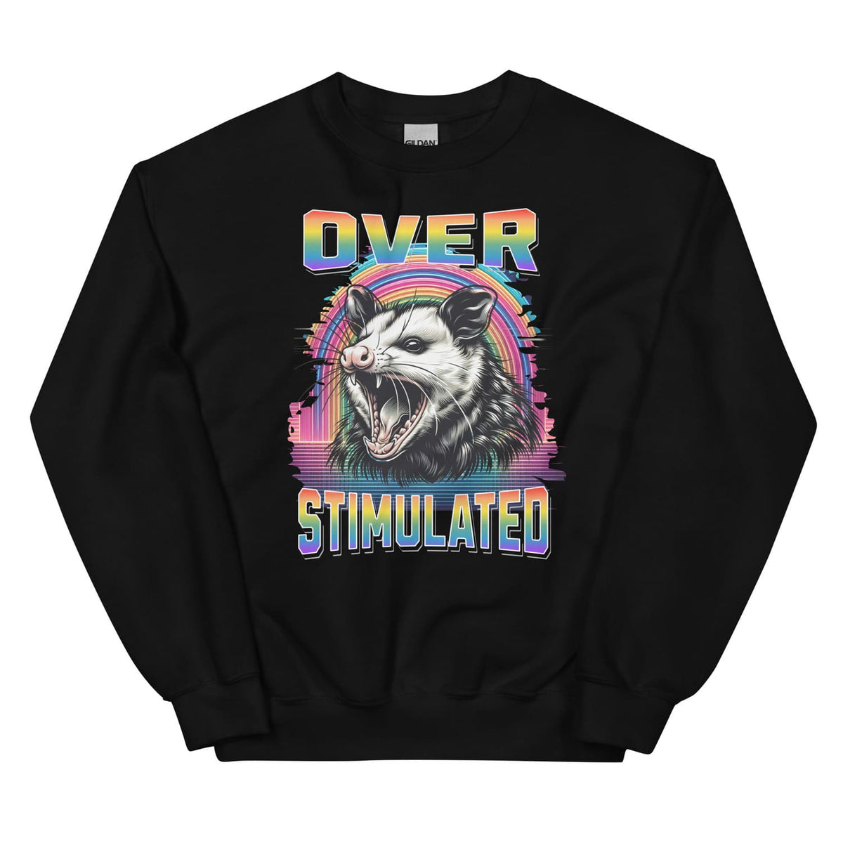 Black neurodiversity pride sweatshirt with an opossum graphic and 'OverStimulated' text on a white background