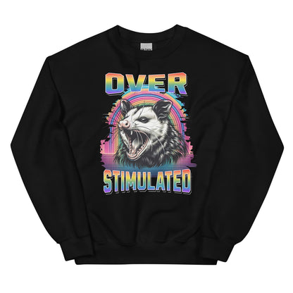 Black neurodiversity pride sweatshirt with an opossum graphic and 'OverStimulated' text on a white background