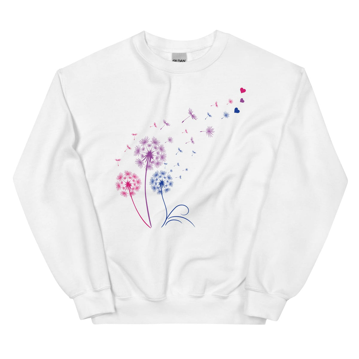 White bisexual sweatshirt with a colorful floral design on a white background