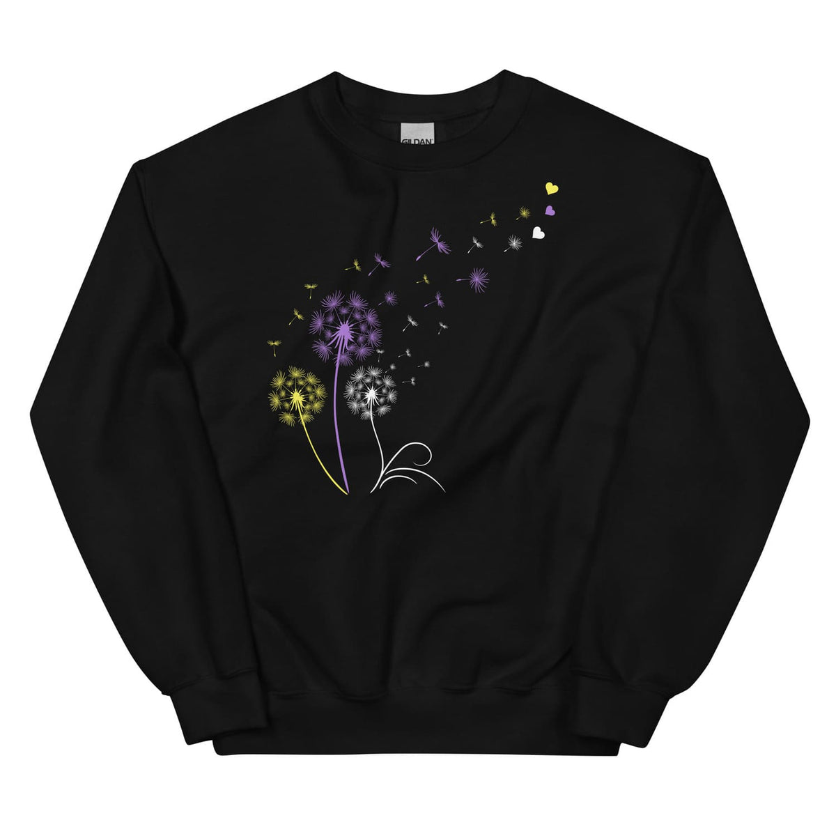 Black nonbinary sweatshirt with a colorful dandelion design on a white background