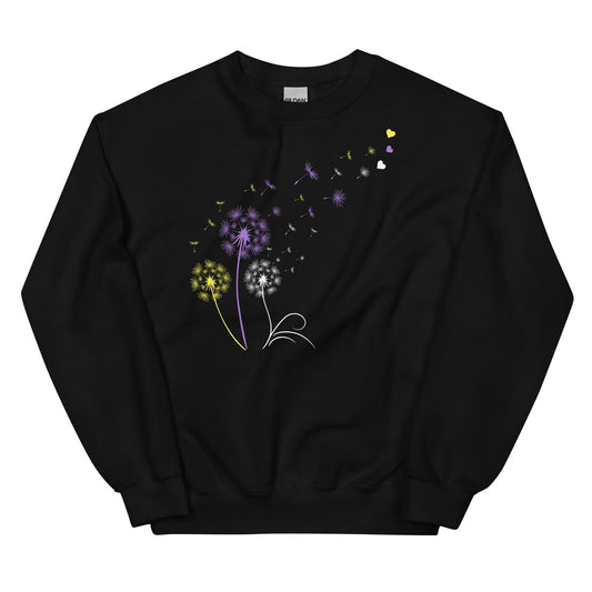 Black nonbinary sweatshirt with a colorful dandelion design on a white background