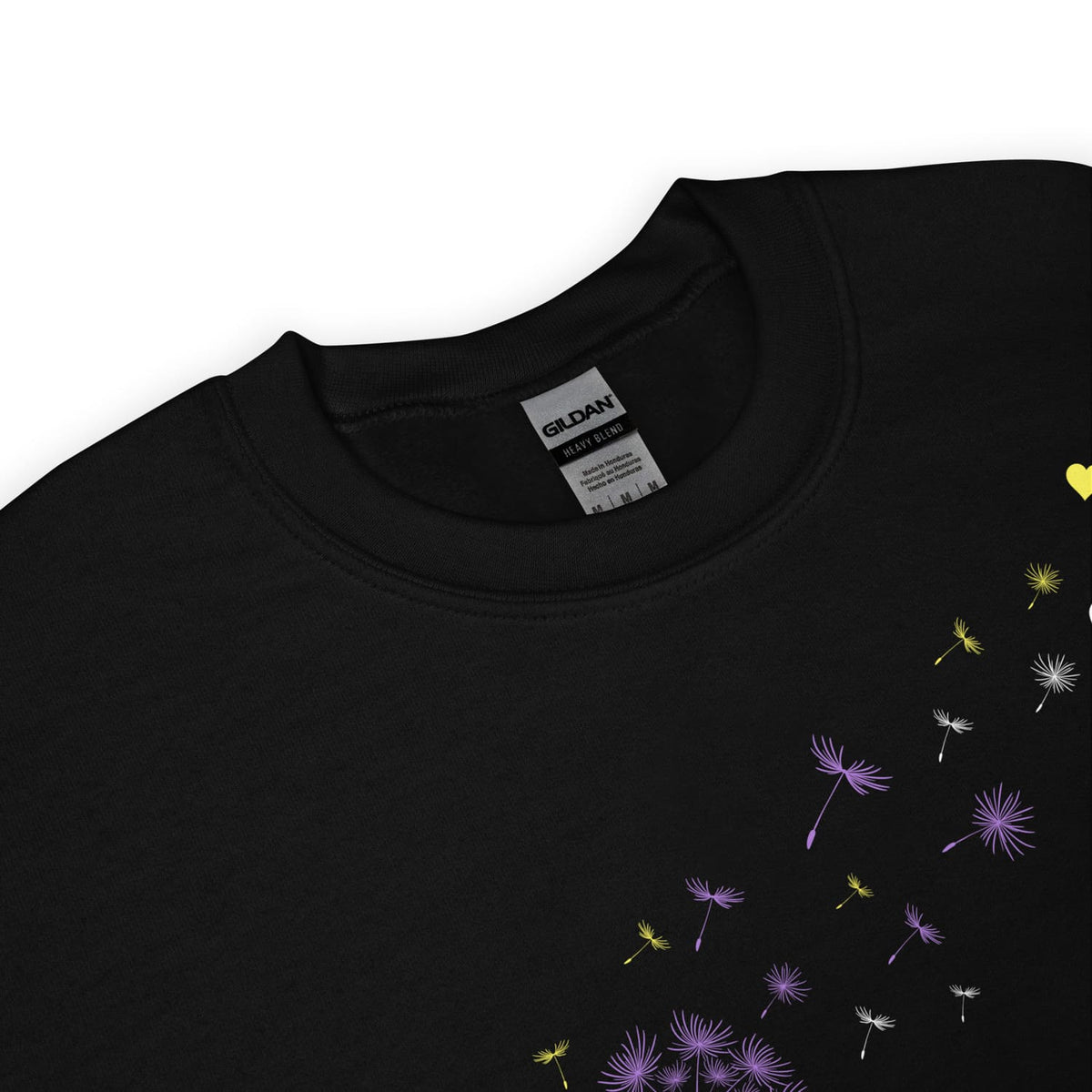 Black nonbinary sweatshirt detail with floral designs on a white background