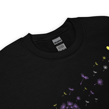 Black nonbinary sweatshirt detail with floral designs on a white background