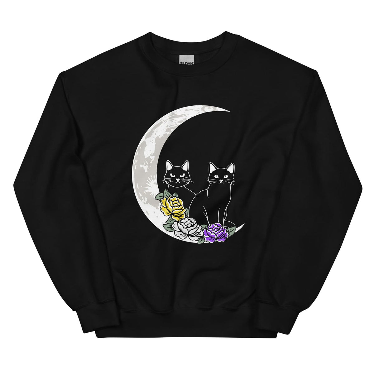 Subtle nonbinary sweatshirt with a design of two cats on a crescent moon surrounded by flowers.