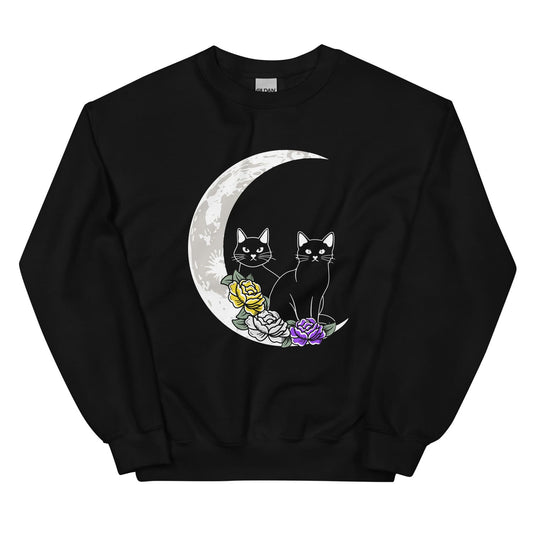 Subtle nonbinary sweatshirt with a design of two cats on a crescent moon surrounded by flowers.