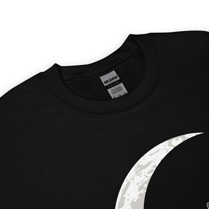 Detail enby sweatshirt with a white crescent moon design on a white background