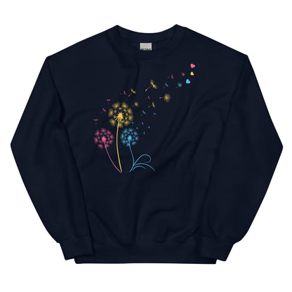 Navy blue pansexual sweatshirt with colorful dandelion design on a white background