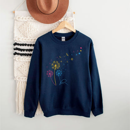 Navy blue pan pride sweatshirt with colorful floral design on a hanger against a white background