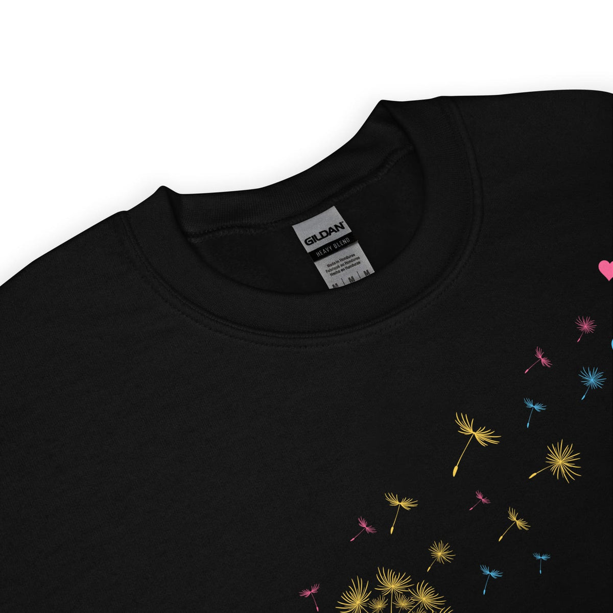 Black pansexual sweatshirt detail with colorful floral designs on a white background