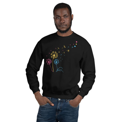 Man wearing a black pansexual sweatshirt with a colorful floral design on a white background