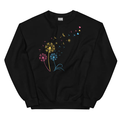 Black pan pride sweatshirt with colorful dandelion design on a white background