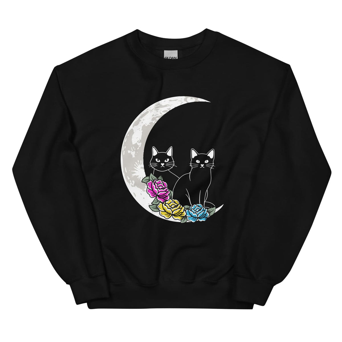 Black sweatshirt with asubtle pansexual  design of two cats on a crescent moon surrounded by flowers.