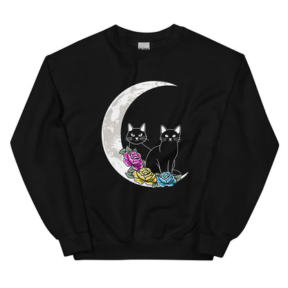 Black sweatshirt with asubtle pansexual  design of two cats on a crescent moon surrounded by flowers.