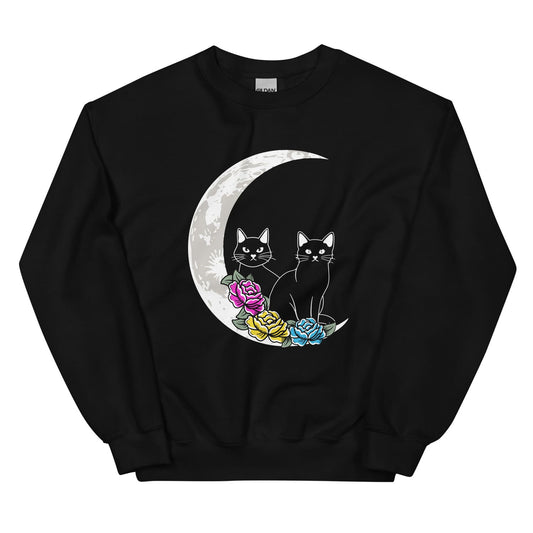 Black sweatshirt with asubtle pansexual  design of two cats on a crescent moon surrounded by flowers.