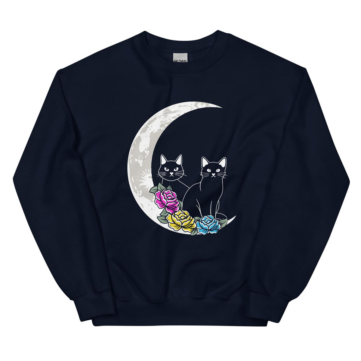 Navy pan pride sweatshirt with a design of two cats on a crescent moon surrounded by flowers.