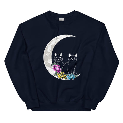 Navy pan pride sweatshirt with a design of two cats on a crescent moon surrounded by flowers.