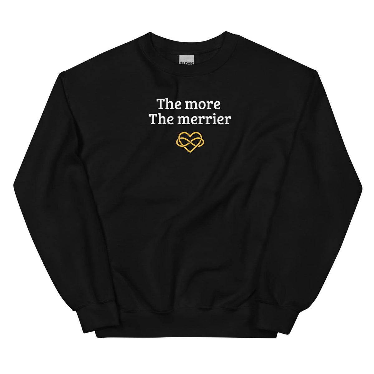 Black polyamory sweatshirt with 'The more The merrier' text and heart design on a white background