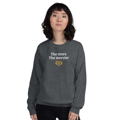 Person wearing a dark gray polyamory sweatshirt with text and logo on a white background