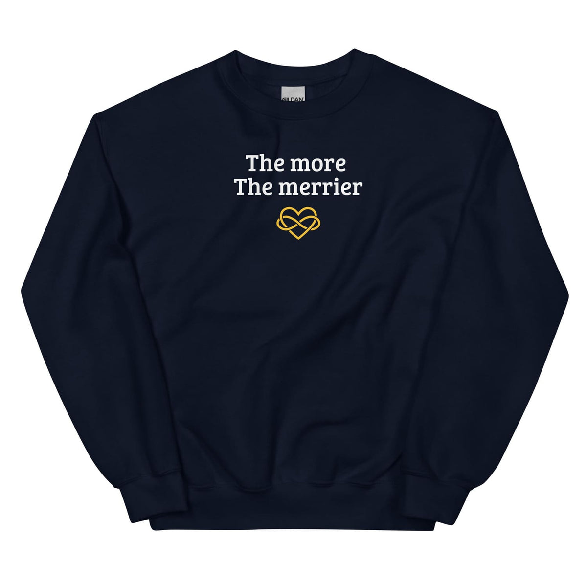Navy polyamory sweatshirt with 'The more The merrier' text and heart design on a white background