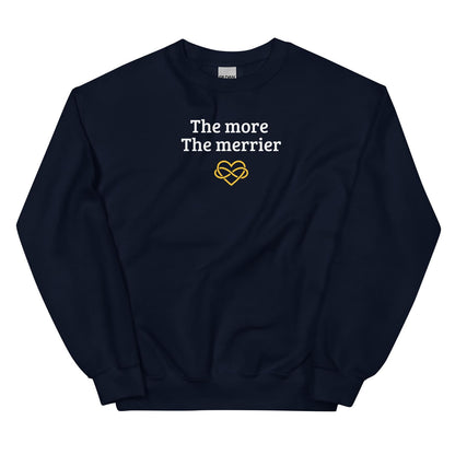 Navy polyamory sweatshirt with 'The more The merrier' text and heart design on a white background