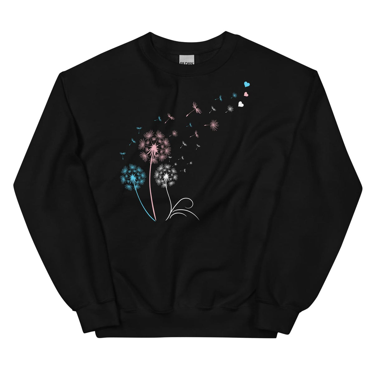 Black transgender sweatshirt with a colorful dandelion graphic on a white background