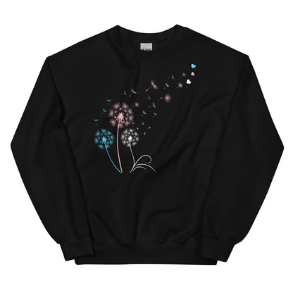 Black transgender sweatshirt with a colorful dandelion graphic on a white background