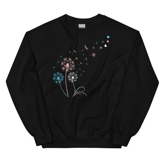 Black transgender sweatshirt with a colorful dandelion graphic on a white background