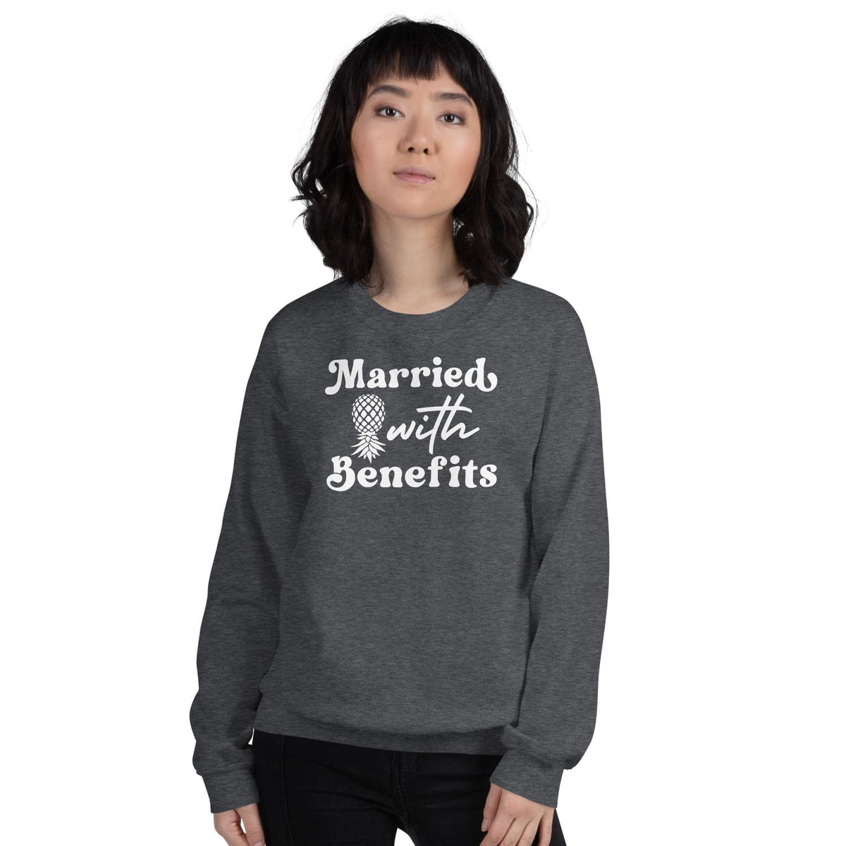 Person wearing a dark gray swingers sweatshirt with 'Married with Benefits' text
