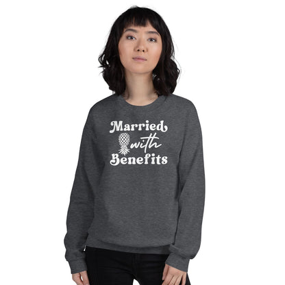 Person wearing a dark gray swingers sweatshirt with 'Married with Benefits' text
