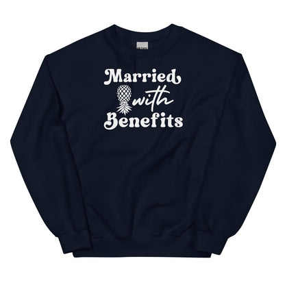 Navy swingers sweatshirt with 'Married with Benefits' pineapple text on a white background