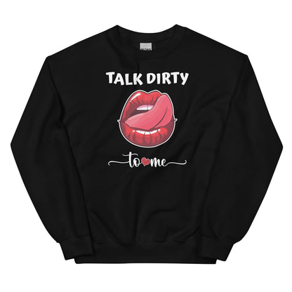 Black sweatshirt with red lips graphic and text 'Talk Dirty to Me' on a white background
