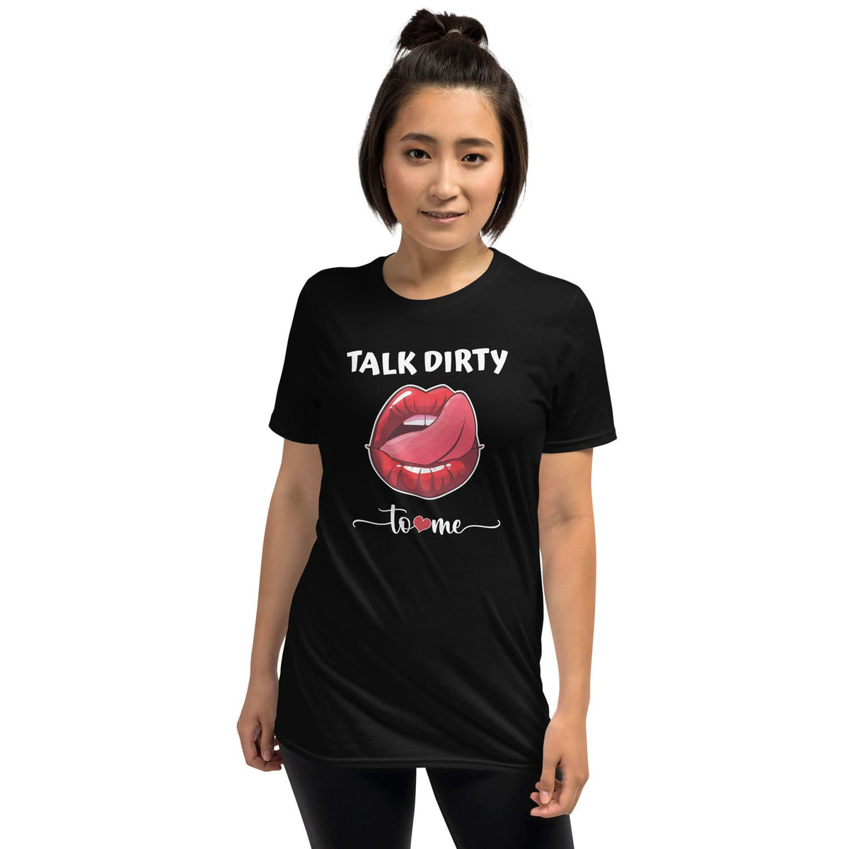 Person wearing a black t-shirt with a cheeky & naughty graphic and text on a white background