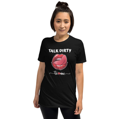Person wearing a black t-shirt with a cheeky & naughty graphic and text on a white background