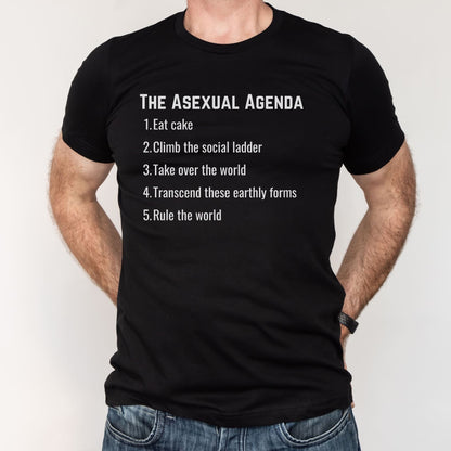 Black funny t-shirt with 'The Asexual Agenda' text and statements on a white background