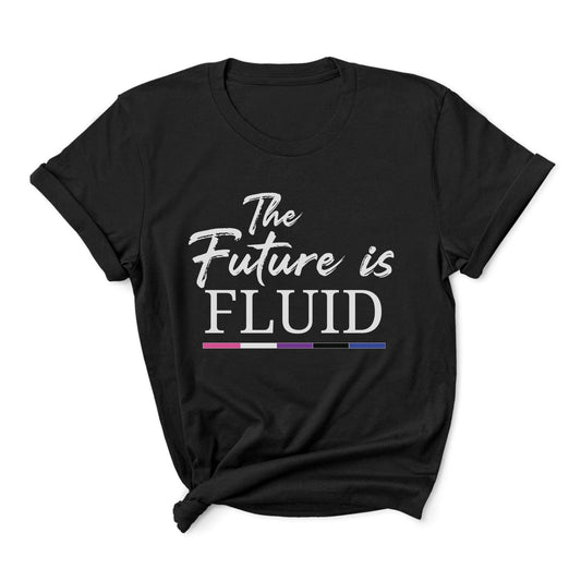 Black t-shirt with 'The Future is Fluid' text and genderfluid pride flag colors on a white background