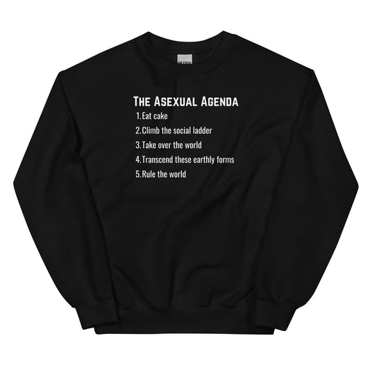 Asexual sweatshirt with white text on a white background