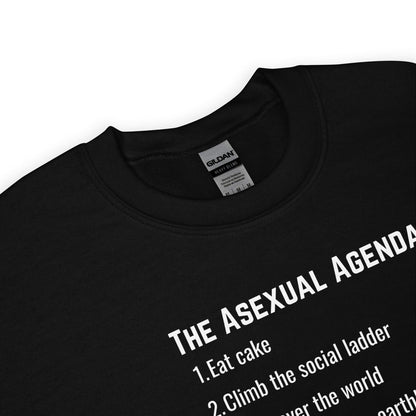 Black sweatshirt with 'The Asexual Agenda' text and Gildan label.