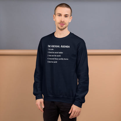 Man wearing a navy blue sweatshirt with 'The Asexual Agenda' text on a plain background